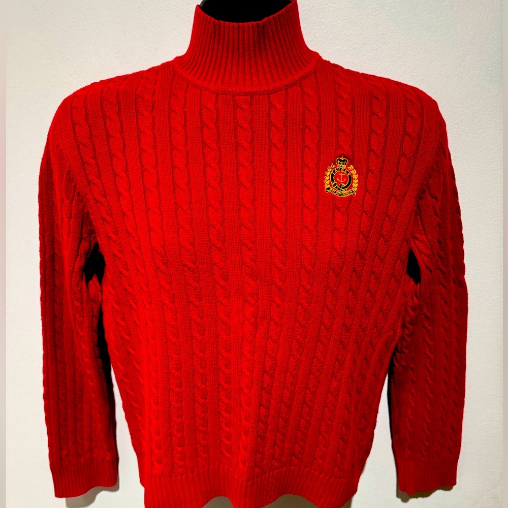 Vintage Ralph Lauren Cable Knit Turtleneck Sweater Crest Logo Made in USA